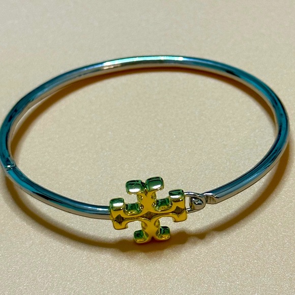 Tory Burch silver/ gold Eleanor Logo Hinged cuff bracelet - Picture 3 of 7